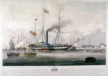 La reine Victoria et le prince Albert arrivant au chantier naval royal, Woolwich, Kent