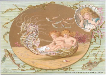 Carte de Noël victorienne de deux bébés aquatiques chevauchant un char en coquillage tiré par des hippocampes, entourés d