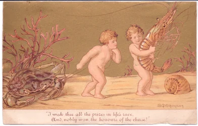 Carte de vœux victorienne de deux bébés aquatiques près d