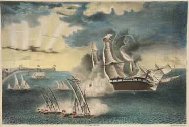 La frégate américaine Philadelphia sur les rochers au large de Tripoli, de Army and Navy Magazine, pub. 1840
