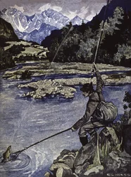 Pêche dans une rivière, vers 1900 (illustration)