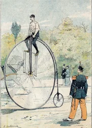 Grand bi avec diamètre de roue avant supérieur à 1,50 m - Illustration par E. Letellier - Protège-cahier historique, fin XIXe siècle