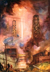 Incendie dans un champ de pétrole (lithographie couleur)