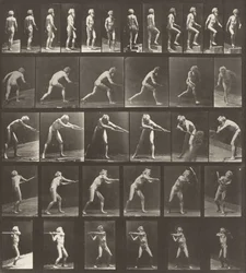 Planche numéro 521. A : Marcher. B : Monter une marche. C : Lancer le disque. D : Utiliser une pelle. E, F : Utiliser une pioche