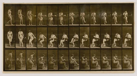 Femme assise, jambes croisées, buvant dans une tasse de thé, extrait du livre Animal Locomotion