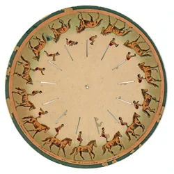 Disque de zoopraxiscope montrant un acrobate effectuant un saut périlleux à cheval, 1893