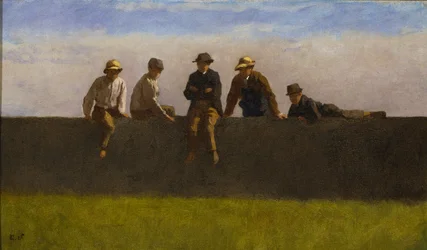 Cinq garçons sur un mur, vers 1875-1880