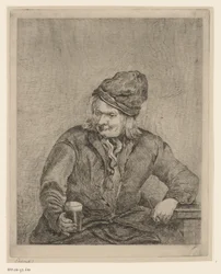 Vieil homme avec un verre et une pipe à la main