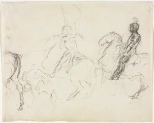 Scène de bataille avec des figures en armure à cheval recto Deux femmes assises verso, 1856-1860