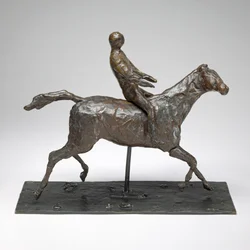 Cheval avec jockey, cheval au galop, tournant la tête à droite, pieds ne touchant pas le sol