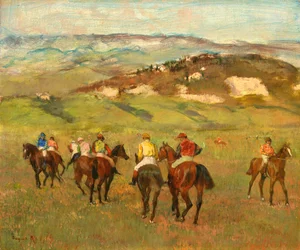 Jockeys à cheval devant des collines lointaines, 1884