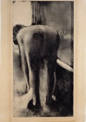 Femme nue se baignant les pieds près de sa baignoire. Monotype à l