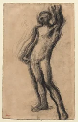 Homme nu debout, avec la main gauche levée, vers 1900