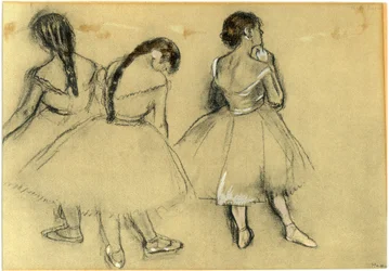Trois danseuses : fusain et pastel sur papier (vers 1880) par Edgar Degas (1834-1917) - collection particulière - danse, ballet, tutu, chaussons, opéra - cheveux, cheveux -