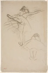 Deux études de danseuses. En haut, danseuse debout sur la jambe gauche ; en bas, danseuse penchée en avant vue de dos