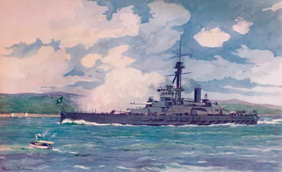 Le super-dreadnought brésilien Minas Geraes approchant de Rio, 1914