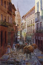 Espagne du Nord : Tolède, Calle del Comercio, avec la tour de la cathédrale