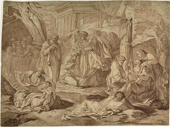 Un saint habillant les pauvres parmi les ruines d