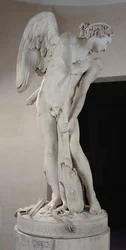 Cupidon sculptant son arc à partir de la massue d