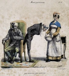 Malade, médecin regardant dans le pot et servante. Caricature des mœurs parisiennes par Pigal (19e siècle), conservée au Musée Dobrée à Nantes.