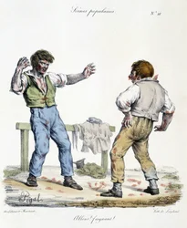Scène populaire représentant deux hommes en train de se battre. Caricature de Pigal (19e siècle).