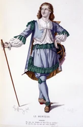 Le personnage de Dorante dans la comédie Le Menteur - Théâtre complet : (Collection de pièces de Corneille) dessin de Geffroy, gravure de L. Wolff - éd. Laplace, Sanchez et Cie, Paris 1884