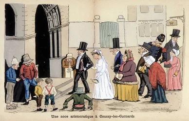 Caricature sur la société française par Lavrate : un mariage aristocratique à Coussy les Cornards. 1880