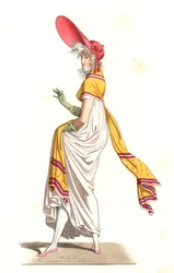 Jeune femme française habillée à la mode des Merveilleuses du XVIIIe siècle, d