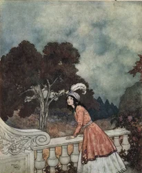 Barbe bleue : La jeune épouse de Barbe bleue, Fatima, demande à sa sœur Anne si elle voit ses frères depuis la tour, vers 1910 (lithographie)