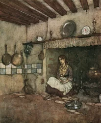 Cendrillon : la jeune Cendrillon assise parmi les cendres dans la cheminée, vers 1910