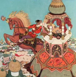 "Le cheval alezan semblait flotter dans les airs au sommet de son saut pendant que ce baiser durait", illustration du conte russe Ivan et le Cheval Alezan, tirée du 