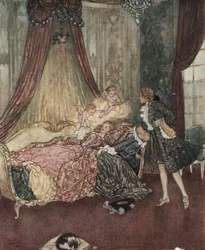 La belle au bois dormant : le prince charmant découvre la fille endormie, c.1910