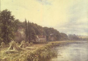 Village au bord de la rivière avec des pêcheurs