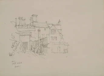 Croquis de la cour derrière la grange du Warden à New College, avec des logements en arrière-plan