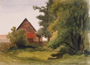 Vue de Hampstead avec une grange à gauche, Hampstead, Camden, Londres, 1842