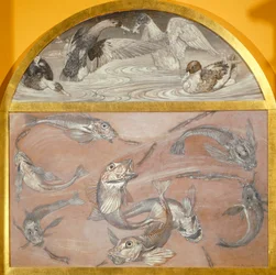 Diptyque avec poissons et canards dans un étang