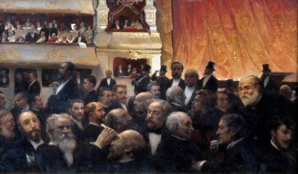 Entracte, une première à la Comédie Française Parmi les spectateurs : dans la baignoire, Henri Rochefort et Léon Gambetta, dans la loge d