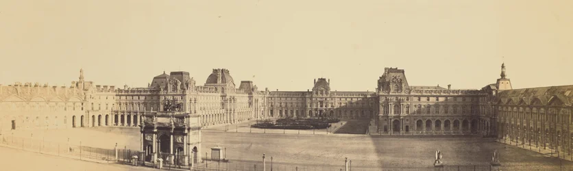 [Vue panoramique du nouveau Louvre, de la cour Napoléon et du Carrousel, depuis les Tuileries].