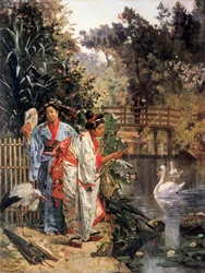 "Au jardin japonais" Deux japonaises en kimono s