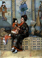 La nouvelle poupee. Femme en kimono avec une poupee (ou marionnette ) de Porcelaine. Influence du Japon de de l