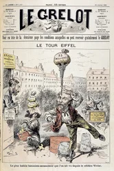 Caricature sur les scandales financiers « La Tour Eiffel : le plus habile bâtonniste - rétracteur vu depuis le célèbre Vivier ». Couverture « Le Grelot » du 22 janvier