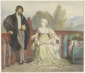 Francesca di Rimini et Paolo di Polenta avec un enfant sur un balcon