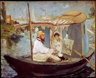 Claude Monet peignant dans son bateau-atelier