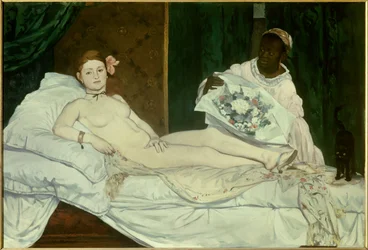 Olympia. Jeune femme nue sur un lit avec sa domestique noire lui apportant un bouquet de fleurs. Peinture d