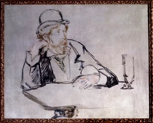 Portrait du romancier irlandais Georges Moore (1852-1933) au café, dessin d