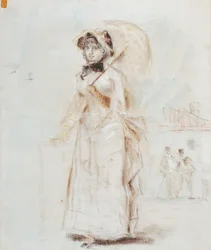 Femme en promenade tenant une ombrelle ouverte, 1880
