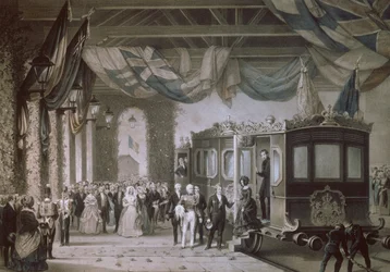 La reine Victoria (1819-1901) et le prince Albert (1819-61) arrivant à la gare de Gosport, Hampshire, gravé par Bayot & Cuvilier, 1846
