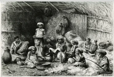 Un après-midi chez la favorite du Cheikh des Gobrons, activités des femmes : broderie et filage de la laine, vannerie et poterie. Gravure par Riou, pour illustrer le récit « Voyage chez les Benadir, les somalis et les Bayoun », en 1882-1883, par Georges Re