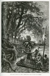 Arrivée du radeau du Dr. Crevaux et de E. Lejeanne, sur les rives bordant le village de Mitouas. Gravure de Riou, pour illustrer le voyage d