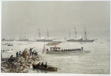 Arrivée des souverains à Suez dans «Inauguration du canal de Suez» par G. Nicole. 1869